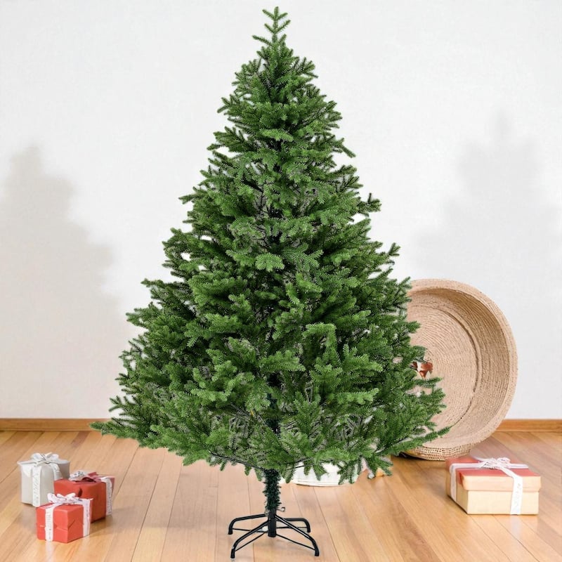 7ft Full PE Unlit Christmas Tree with Hinged Branches and Foldable Metal Stand