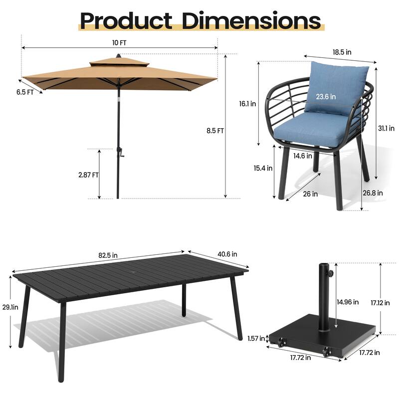 11PC Outdoor Patio Dining Set Aluminum Table with Sunbrella Cushion Chairs w/ Premium Market Umbrella Sets