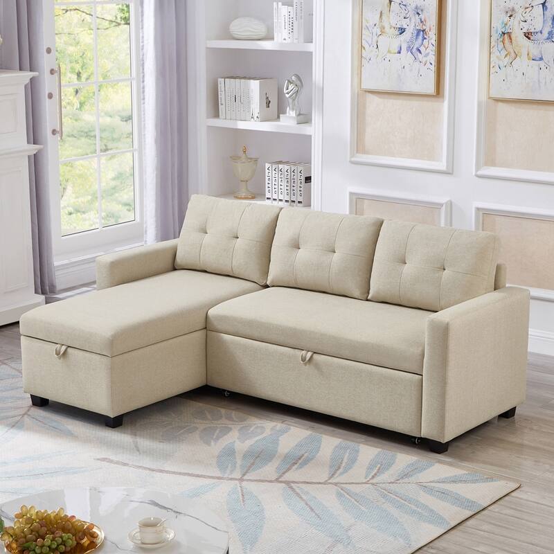 Modern Upholstered Pull Out Sectional Sofa with Storage Chaise