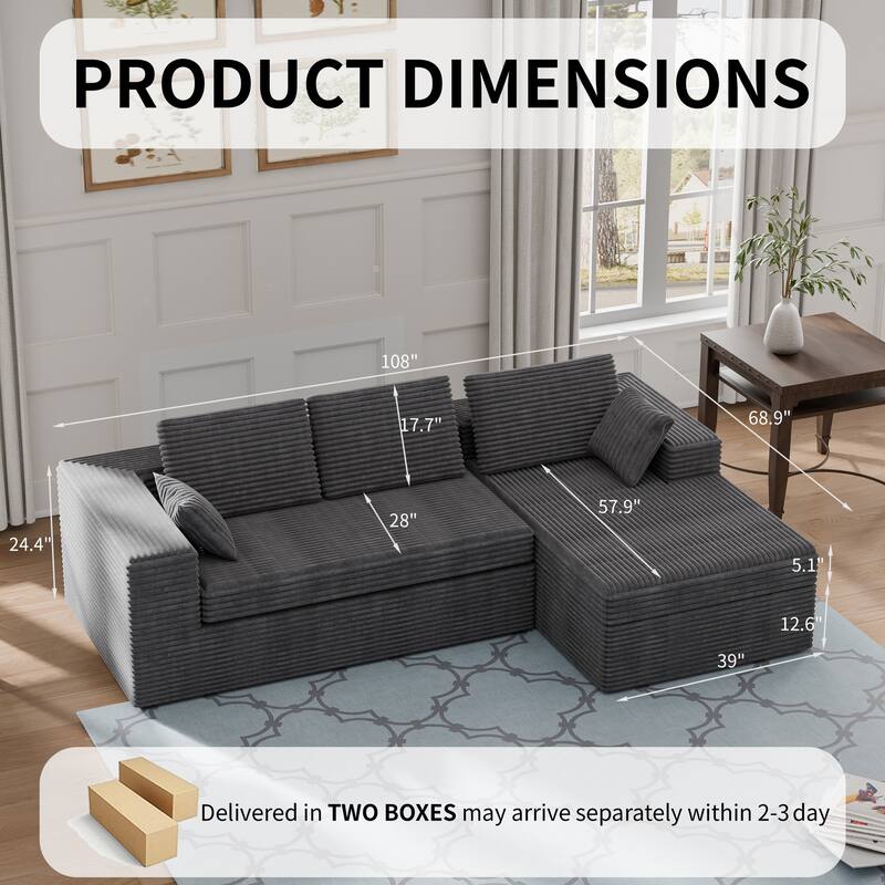 Modland 108" Boneless Cloud Couch, Modular L-Shaped Sectional Sofa, No Assembly, Corduroy