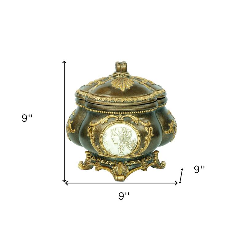 9" Bronze Gold And White Resin Floral Scroll Jewelry Box With Lacquer and High-Gloss Finishes