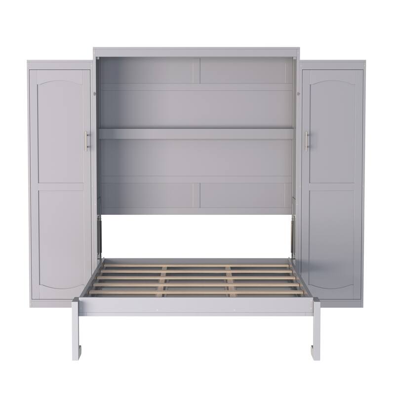 Full Size Murphy Bed, Wooden Full Wall Bed with 2 Wardrobe and Storage Shelf, Multifunctional Foldable Platform Bedframe