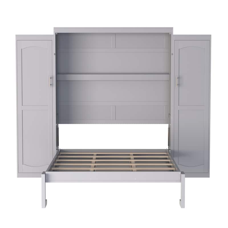 Wooden Full Size Murphy Bed with 2 Wardrobe and Storage Shelf
