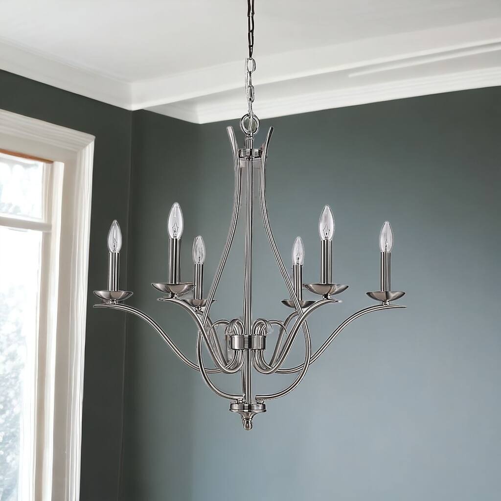 HomeRoots Nickel Candle Style Six Light Metal Dimmable Chandelier - 28' X '28' X '28