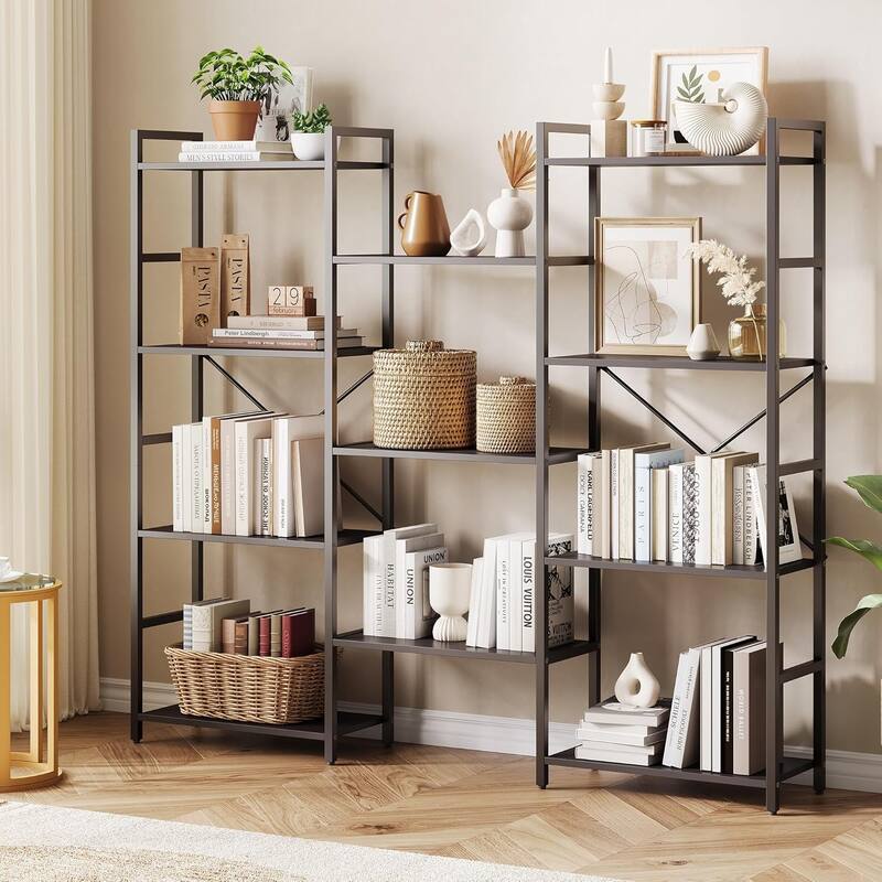 Triple Column 4-Tier Bookshelf, Bookcase with 11 Open Storage Display Shelves - Black
