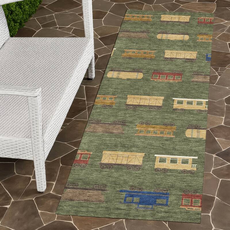Machine Washable Indoor/ Outdoor Modern Train Chantille Rug - Olive - 2'3" x 7'6"
