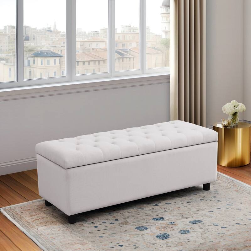 Elegant Gray White Storage Bench with Solid Wood Frame