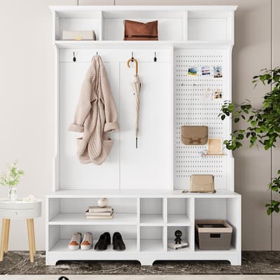 Roomfitters White Hall Tree with Shoe Bench, Coat Rack, Shoe Storage, Shelves, and Customizable Pegboard - Perfect for Hallways