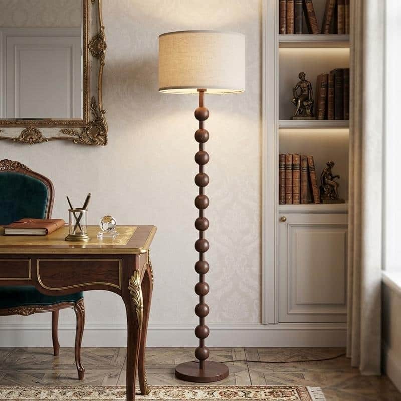 Modern Wood-Grain Metal Floor Lamp with Linen Shade