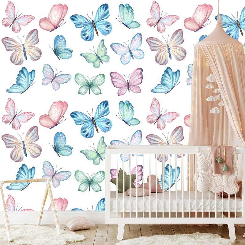 Watercolored Nursery Butterflies Peel and Stick Wallpaper