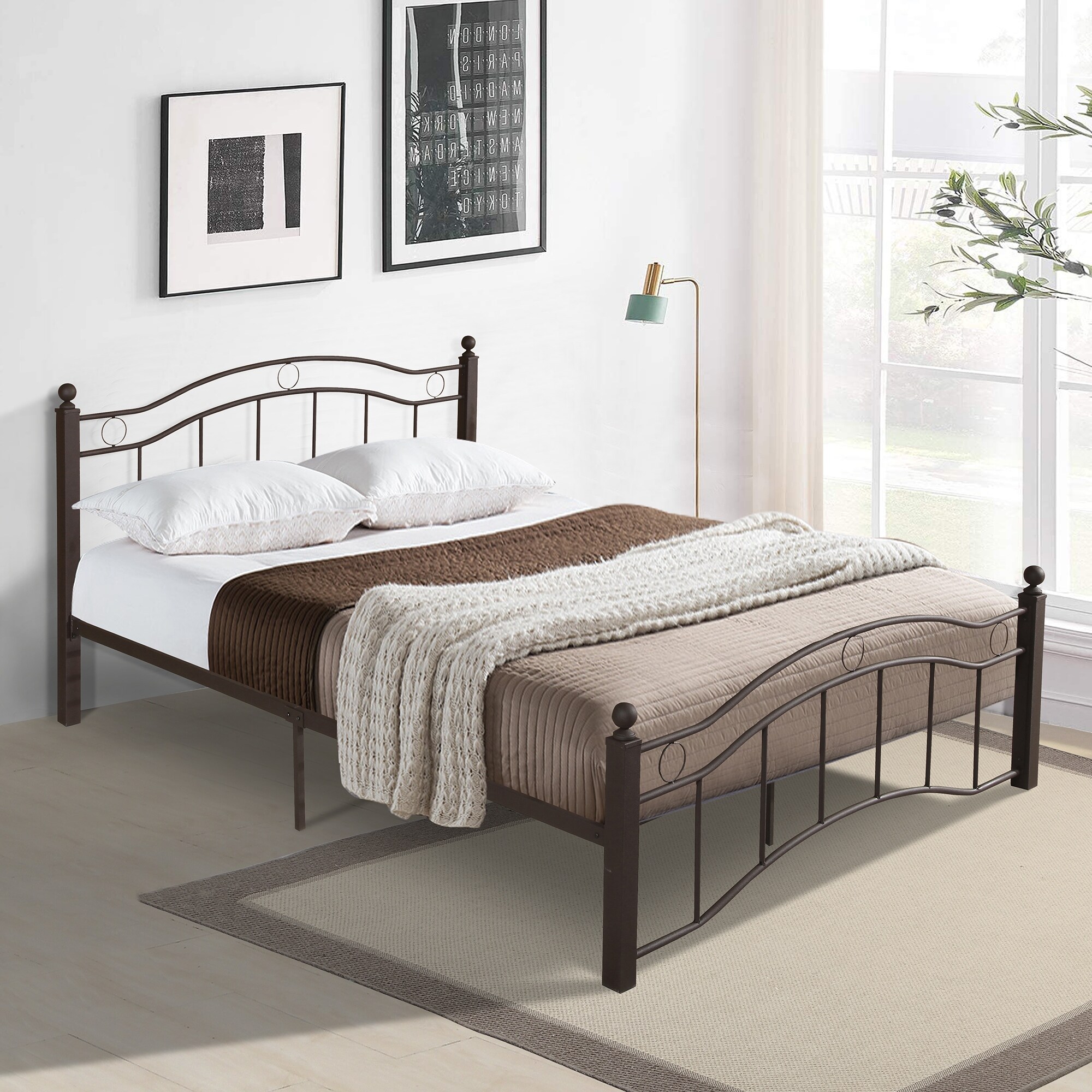 King Size Metal Bed Frame with Headboard and Footboard Bronze for