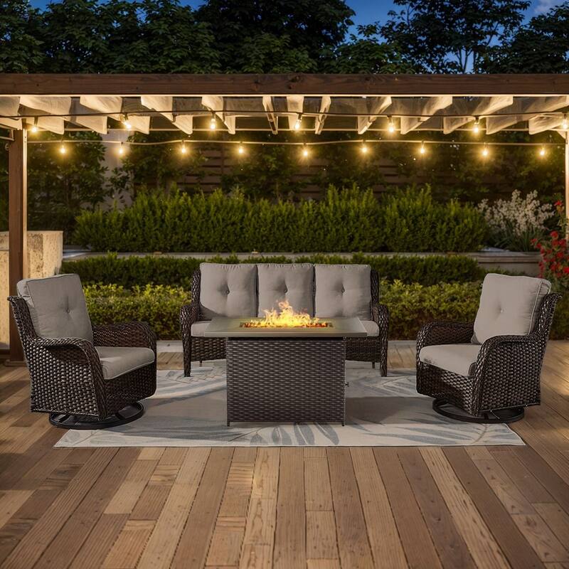 Gymojoy 4-Piece Outdoor Wicker Patio Furniture with Fire Pit Table, Rattan Coversation Set with Water Resistant Thick Cushions