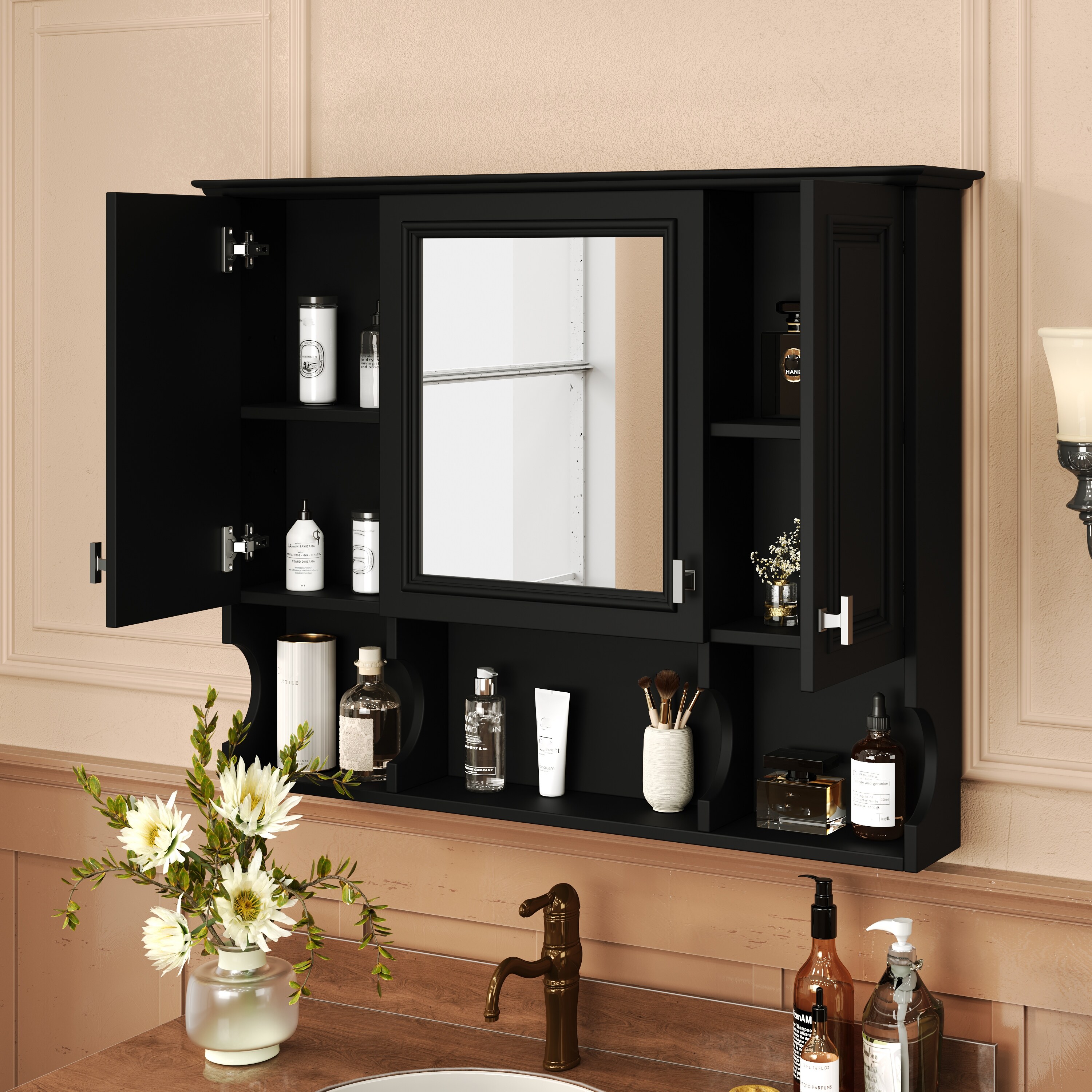 35 By 28 Inch Wall Mounted Bathroom Medicine Cabinet Modern Bathroom Wall Cabinet With Mirror Open Shelves