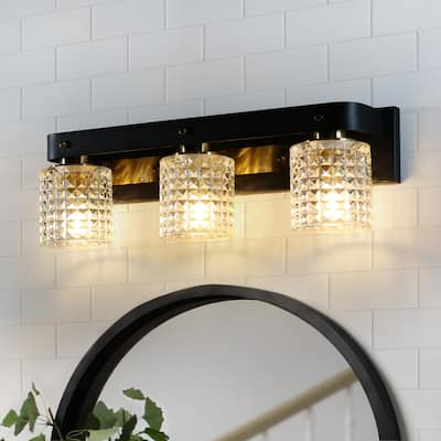 ExBrite Farmhouse 3-lights Bathroom Dimmable Iron Black Cut Crystal Modern Vanity Lights Wall Sconces - 3-Light-Black