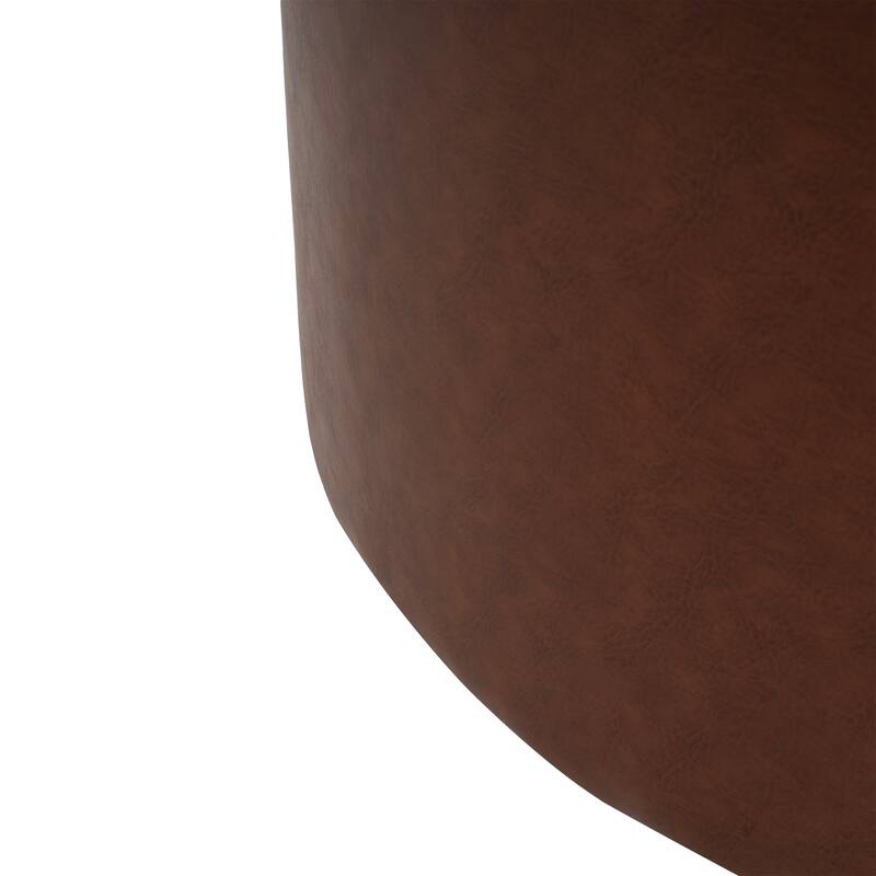 PU Leather Round Ottoman - Classic Brown Upholstered Accent Furniture