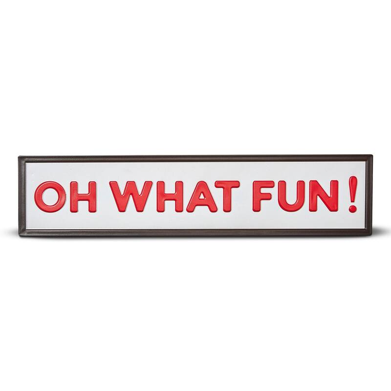 Oh What Fun Enamel Sign Freestanding Tabletop Wall Art Christmas Red Metal 5x24 Indoor Use Wipe Clean