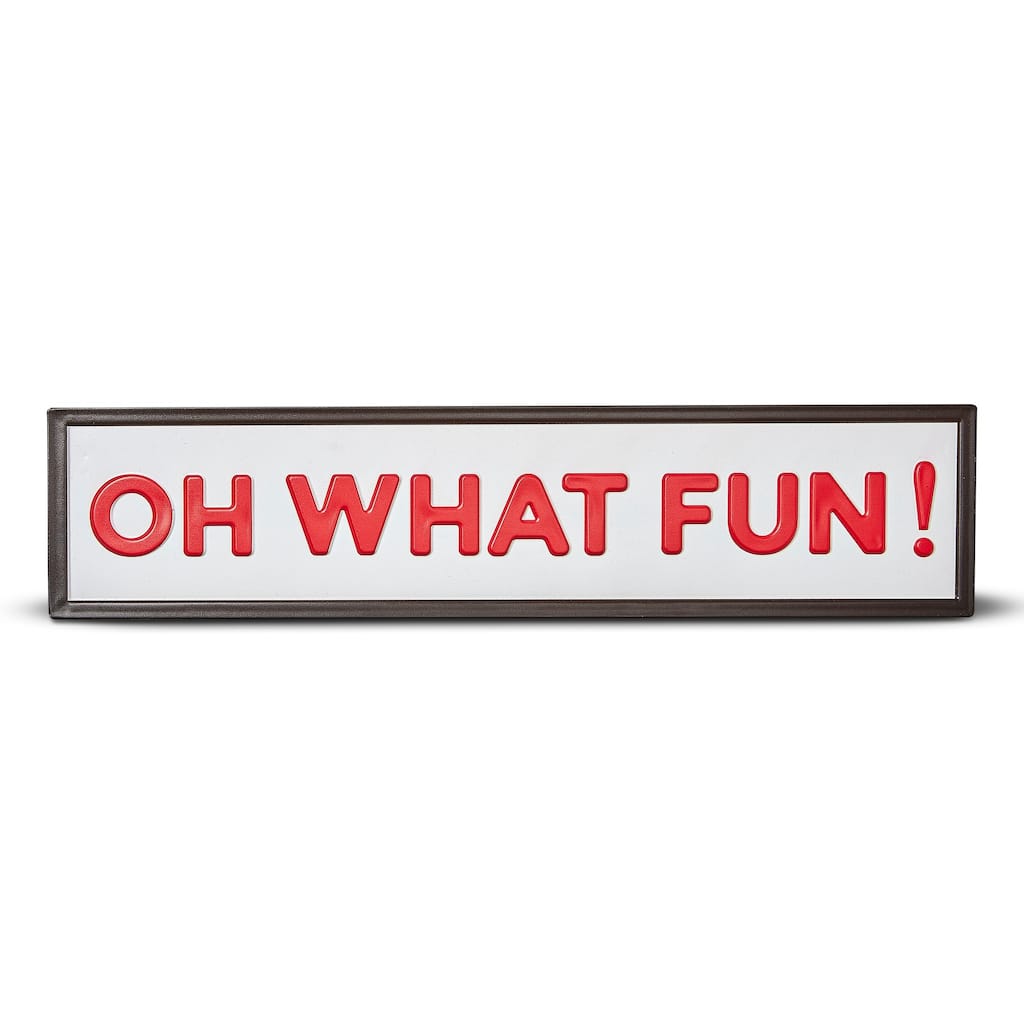 Oh What Fun Enamel Sign Freestanding Tabletop Wall Art Christmas Red Metal 5x24 Indoor Use Wipe Clean