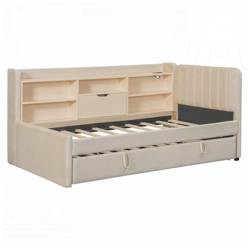 Upholstered Daybed with Trundle and Storage Shelves
