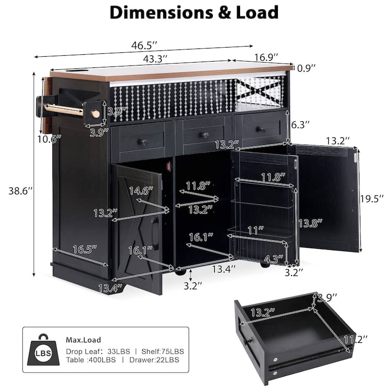 46.5" Farmhouse Kitchen Island Cart with Drape of Beads, Power Outlet, Rolling Kitchen Cart on Wheels with Drop Leaf