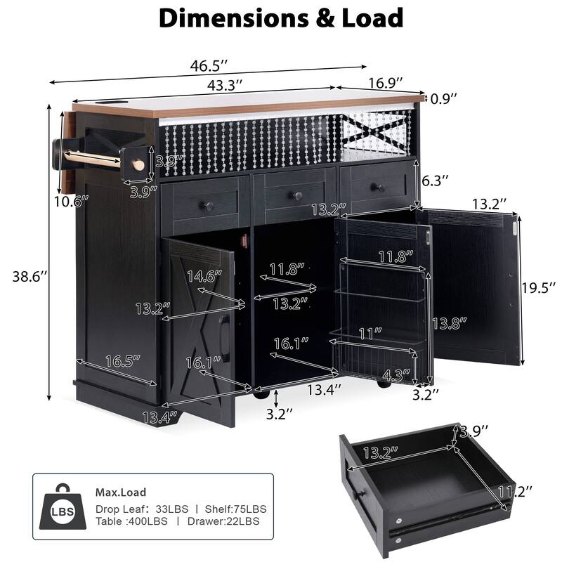 Roomfitters 46.5" Rolling Kitchen Island with Drop Leaf, Mobile Cart with 2 AC Outlets & USB, Beaded Drape & 3 Drawers