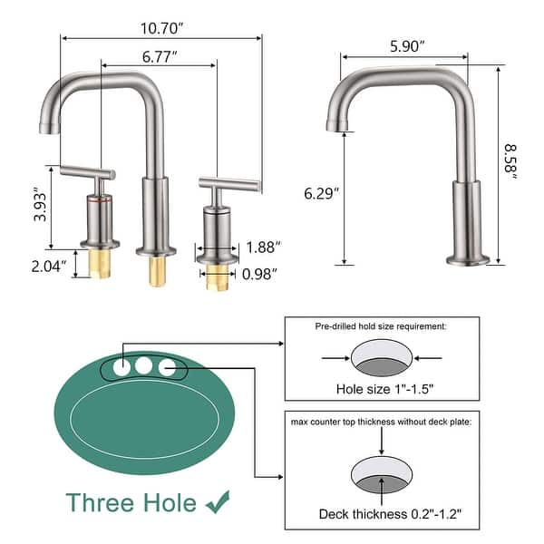 dimension image slide 4 of 4, 3 Holes Bathroom Sink Faucet With Drain Assembly 8 Inch Widespread Bathroom Faucets 2 Handle Modern Lavatory Basin Vanity Taps