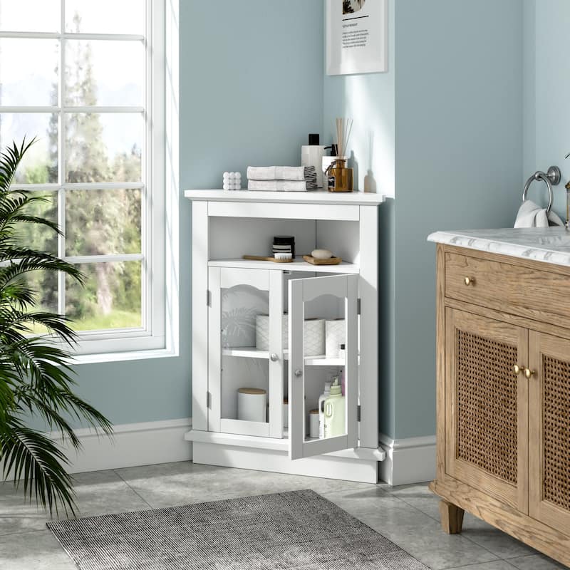 Javlergo White Triangle Corner Cabinet with Glass Doors & Adjustable Shelf Freestanding Storage Cabinet for Bathroom Living Room