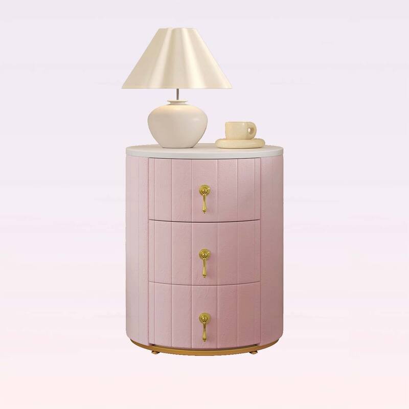 Elegant Upholstered Nightstand with 3 Drawers,Metal Handles,Marbling Sticker Top for Bedrooms