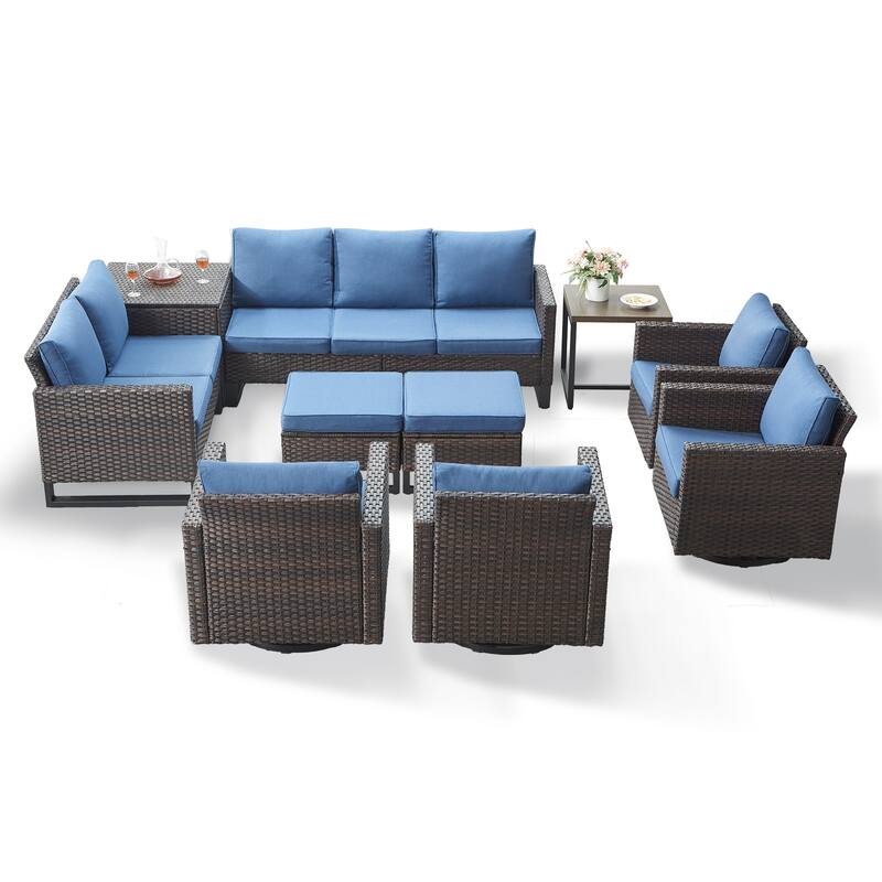 Gymojoy 9 Person Outdoor Patio Wicker Family Conversation Set Group With Swivel Chairs And Storage