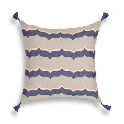 Exotic Square Taupe and Blue Tassel Accent Pillow