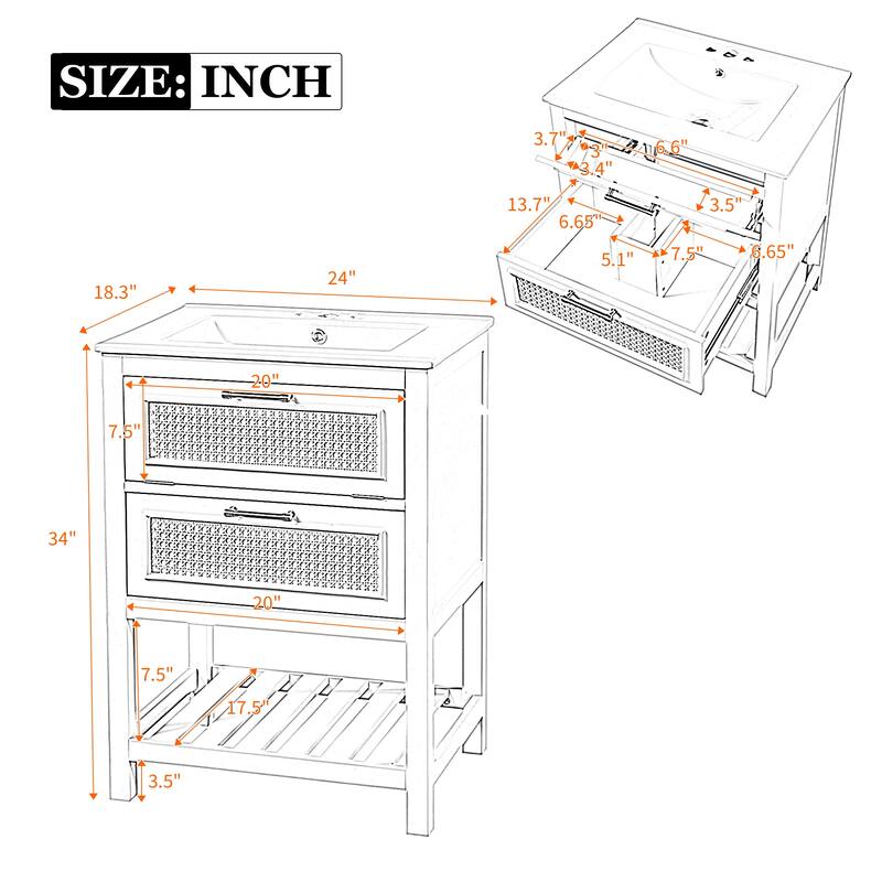 24"Bathroom Vanity with Integrated Ceramic Sink,Bathroom Cabinet with 1 Deep Drawer,1 Tip-Out Drawer,Single Sink Bathroom Vanity