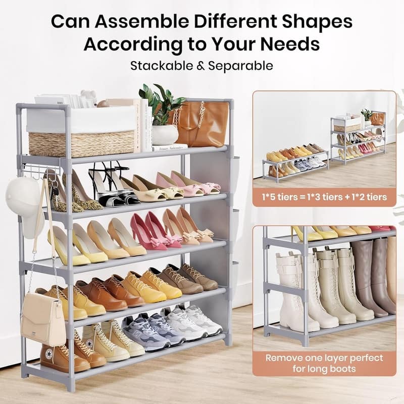 5 Tier Shoe Rack with Hook and Side Pocket - 11.2"D x 33.5"W x 35.6"H