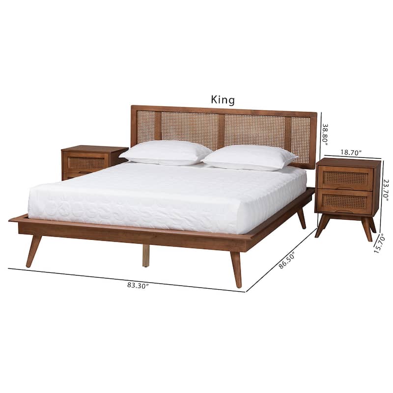 Nura Mid-Century Modern Walnut Brown Finished Wood and Rattan 3-Piece/4-Piece/5-Piece Bedroom Set (Multiple Bed Sizes)