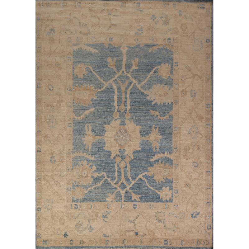 Vegetable Dye Blue Oushak Turkish Area Rug Hand-Knotted Wool Carpet - 8'2" x 9'11"