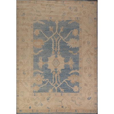 Vegetable Dye Blue Oushak Turkish Area Rug Hand-Knotted Wool Carpet - 8'2" x 9'11"