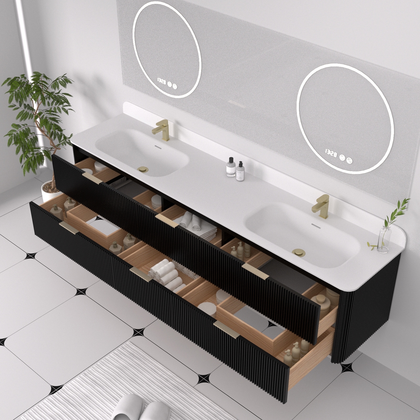 84" Floating Bathroom Vanity with Integrated countertop Rectangular Sink Solid Wood
