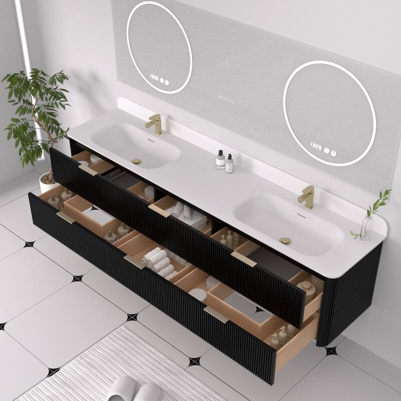 84" Floating Bathroom Vanity with Integrated countertop Rectangular Sink Solid Wood