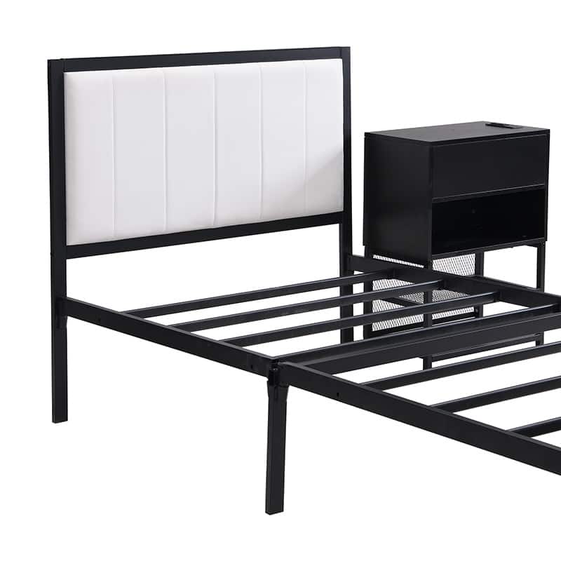 Modern Twin/Full Metal Bed Frame with Upholstered Top, Storage Shelves, and Wooden Cabinet