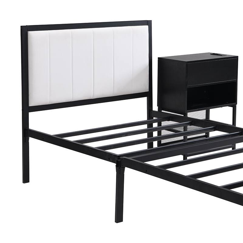 Stylish Twin Metal Platform Bed with Soft Upholstered Frame, Two-Tier Storage Shelves, Wooden Cabinet, and Cushioned Footrest