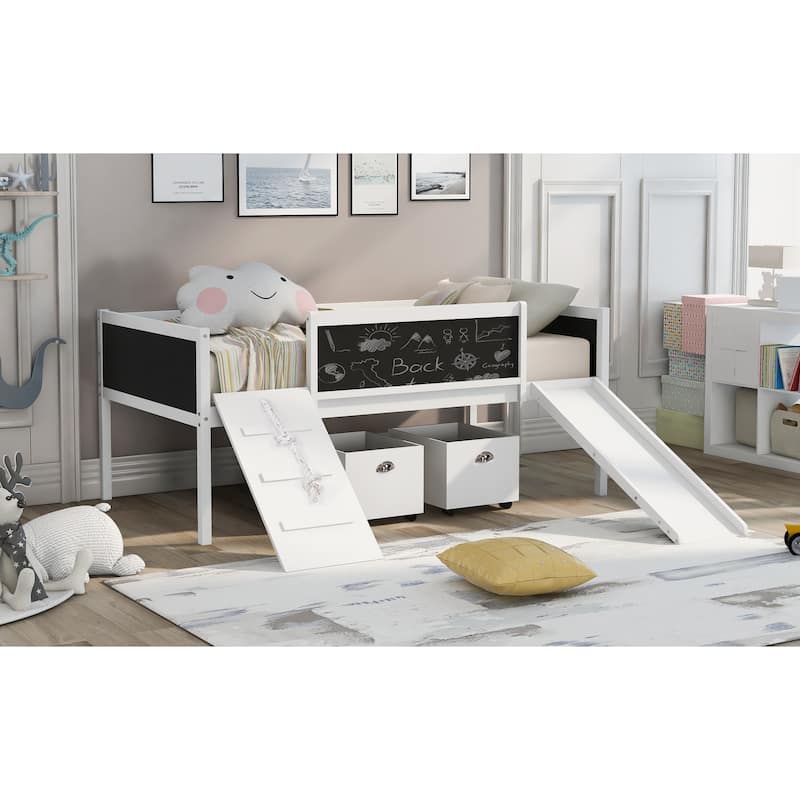 Twin Size Loft Bed with Climbing Frame, Slide, and Chalkboard, Storage Included
