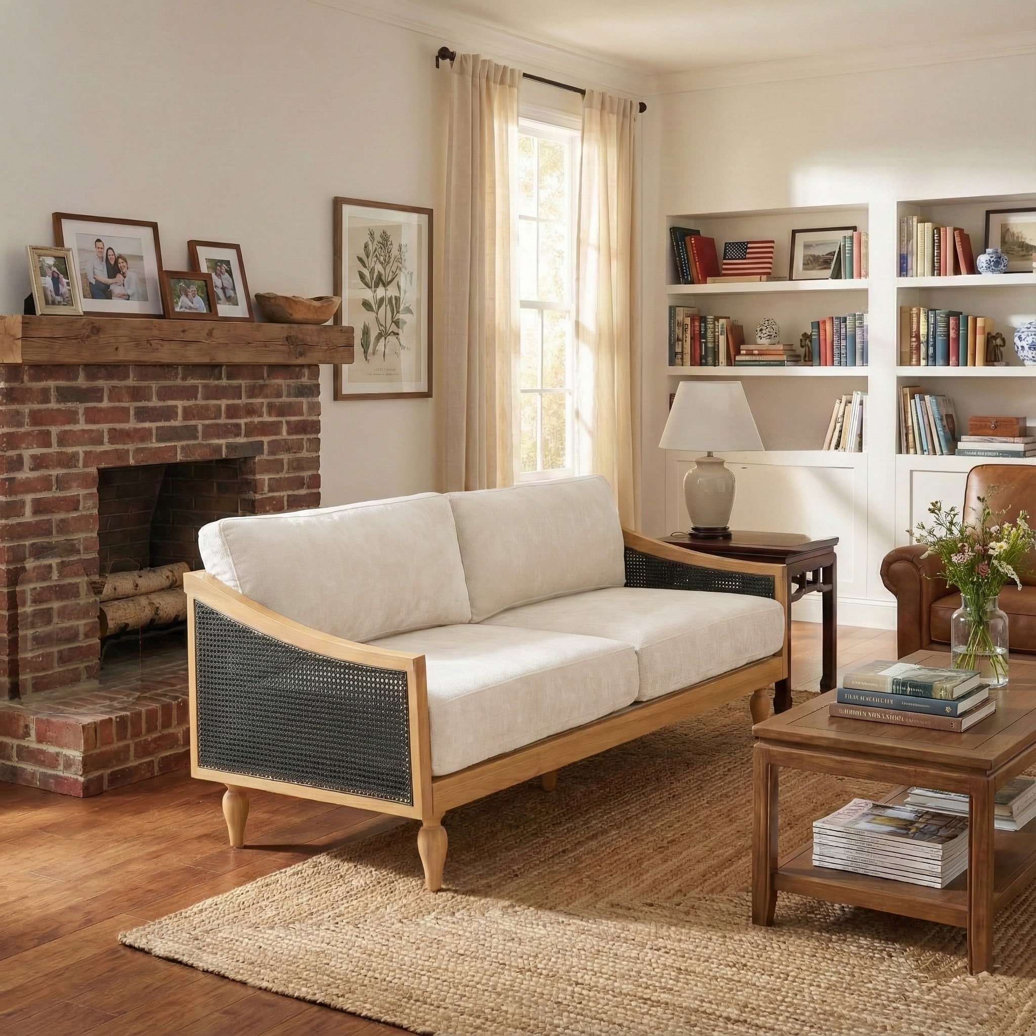 Christopher Knight Home - Riverton Mid-Century Rubberwood Upholstered Loveseat Sofa with Rattan Armrests