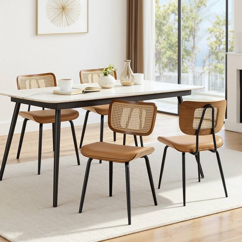 Faux Leather Upholstered Dining Chairs Set of 2/4 - 33.5"H x 19.3"W x 23"D - Set of 4 - Brown-Rattan back