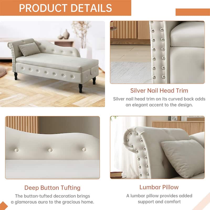 60"W Velvet Tufted Chaise Lounge, Storage Chaise Sofa, Solid Wood Leg - 25"D x 60"W x 27"H