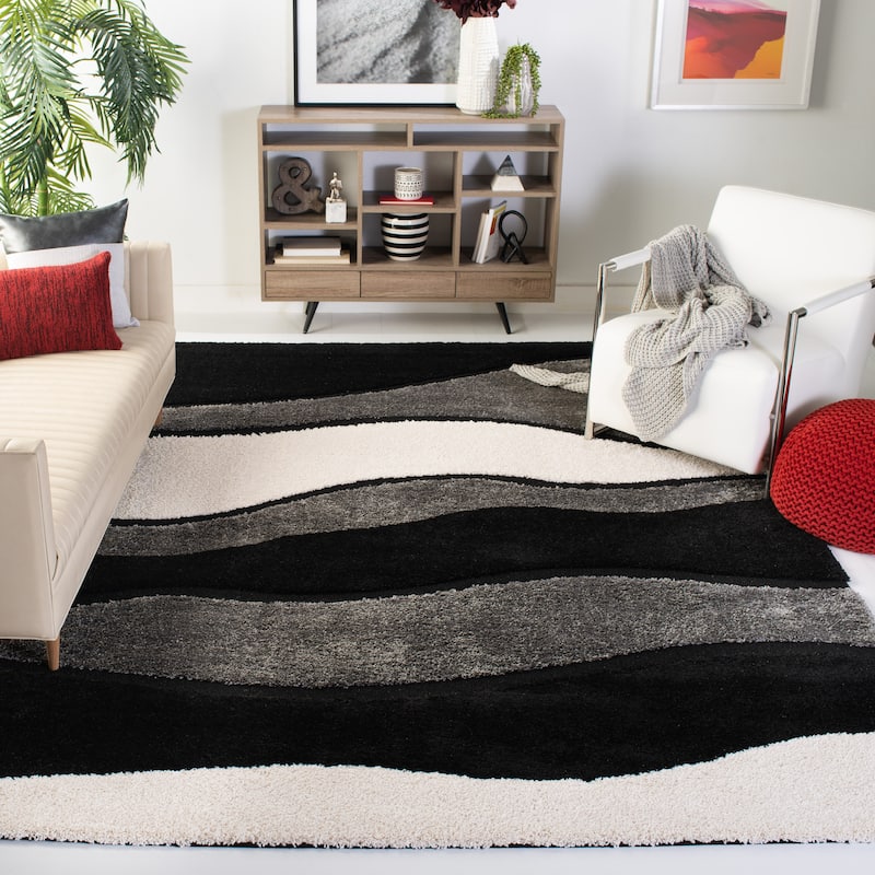 SAFAVIEH Florida Shag Cirilla Abstract Wave 1.2-inch Thick Rug - 6' x 9' - Grey/Black
