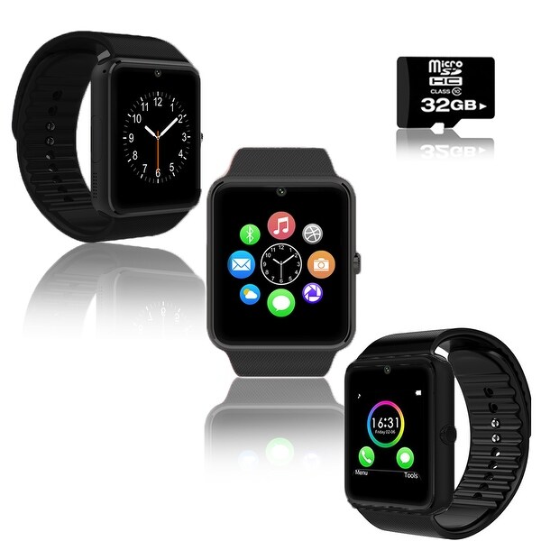 Indigi® Black GT8 Bluetooth SmartWatch & Phone w/ Pedometer + Sedentary Reminder + Camera w/ 32gb microSD Included