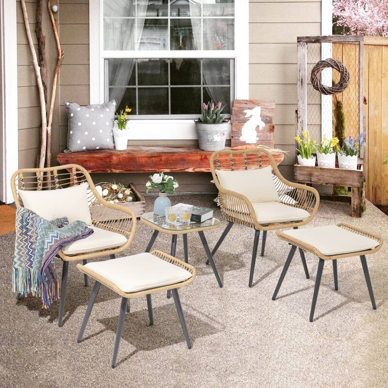 5-Piece Outdoor Wicker Cushioned Conversation Set - WhiteSquare