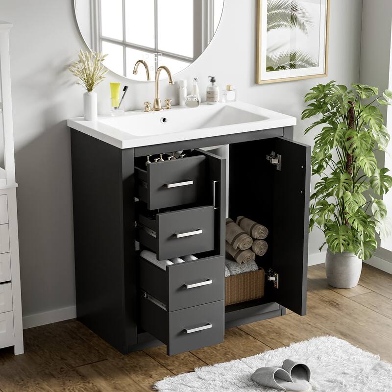 30'' Bathroom Vanity with Ceramic Sink Combo, Bathroom Storage Cabinet, Vanity Set with 3 Drawers & Soft Closing Doors