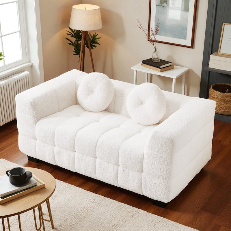 66.5" Modern Boneless Cloud Sofa, 2-Seater Foam Couch with Checkered Design & Plush Lychee-Textured Fabric, Circular Pillows