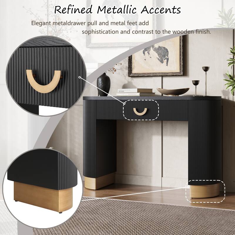Roomfitters Modern Console Table with Vertical Ribbed Design, Functional Drawer and Gold Accents, Compact Storage, Black