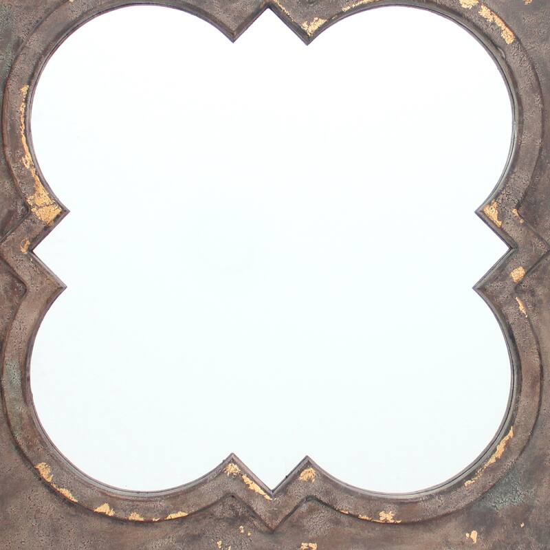 Quatrefoil Pattern Wood Mirror with Distressed Finish, Silver and Brown - clear