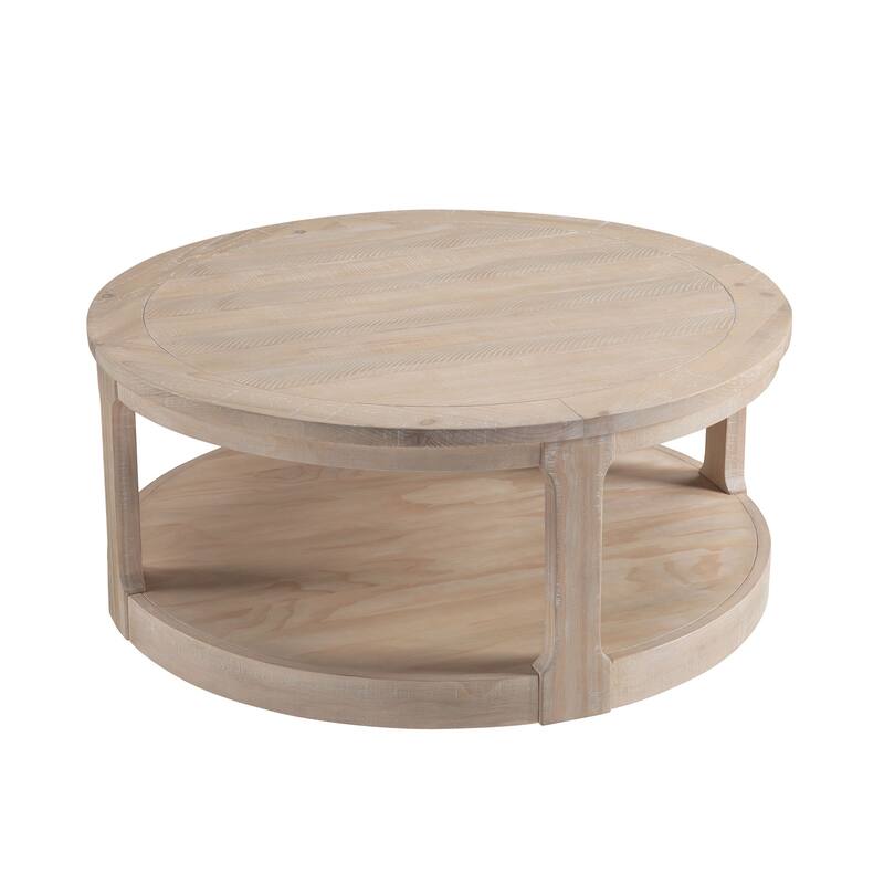Mid-Century Rustic Style 40inch Large Curved 2 Tier Round Circle Wooden Center Coffee Table